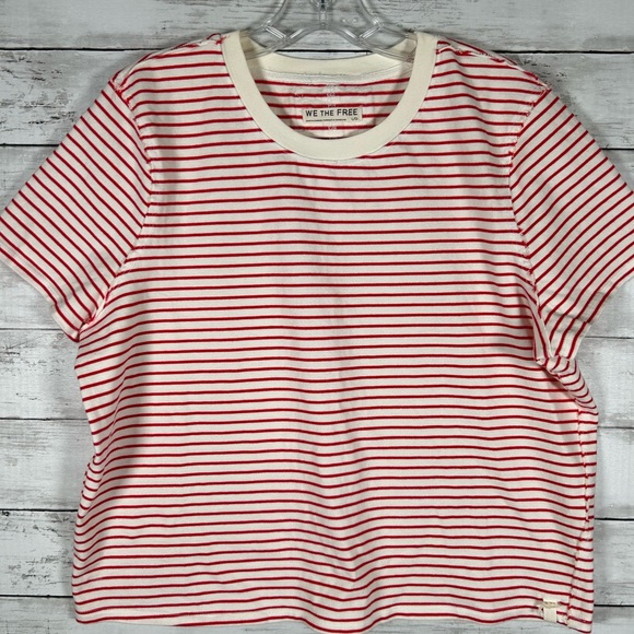 Free People We The Free Everyday Red Cream Boxy Cotton Tee Shirt L NEW - Picture 4 of 8